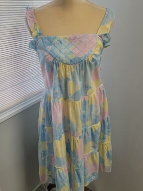 Vintage 80s 90s LUX Pastel  Colorblock Sleeveless Tiered Dress Sundress Girly